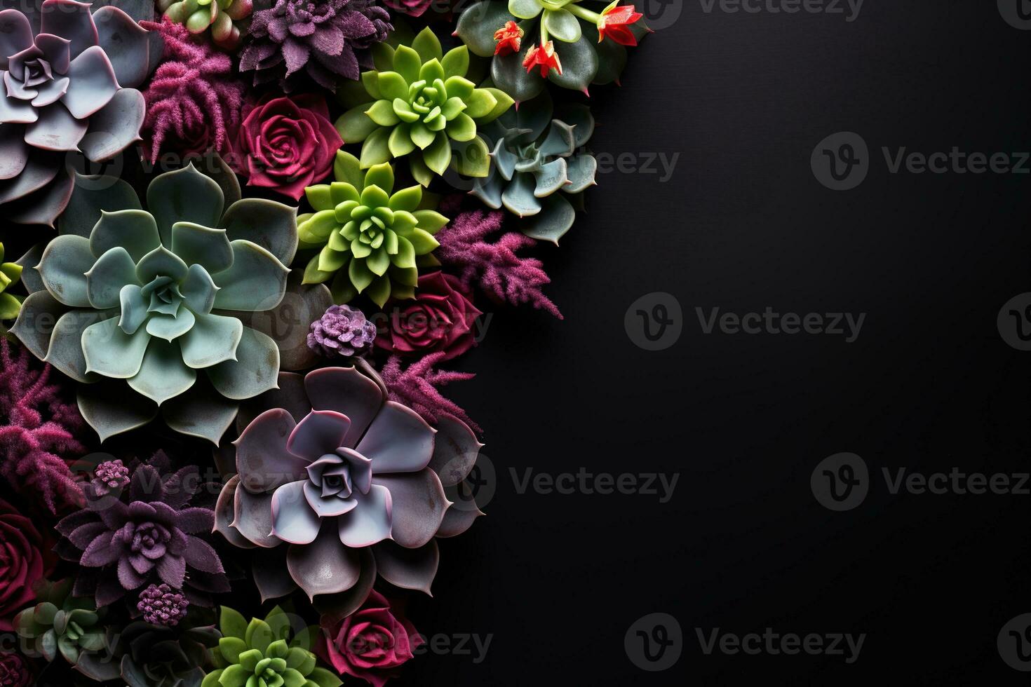 AI generated succulent frame on black background top view, beautiful floral template with copy space photo