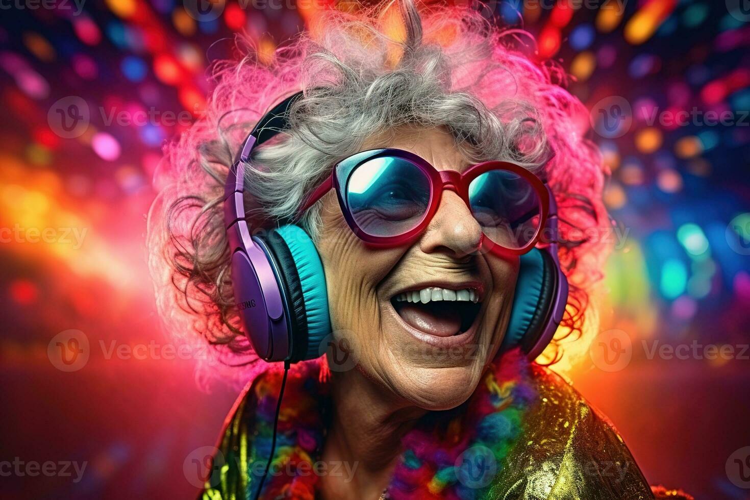 AI generated A cool and stylish elderly woman in big earphones and sunglasses in a rave club under the party lights photo