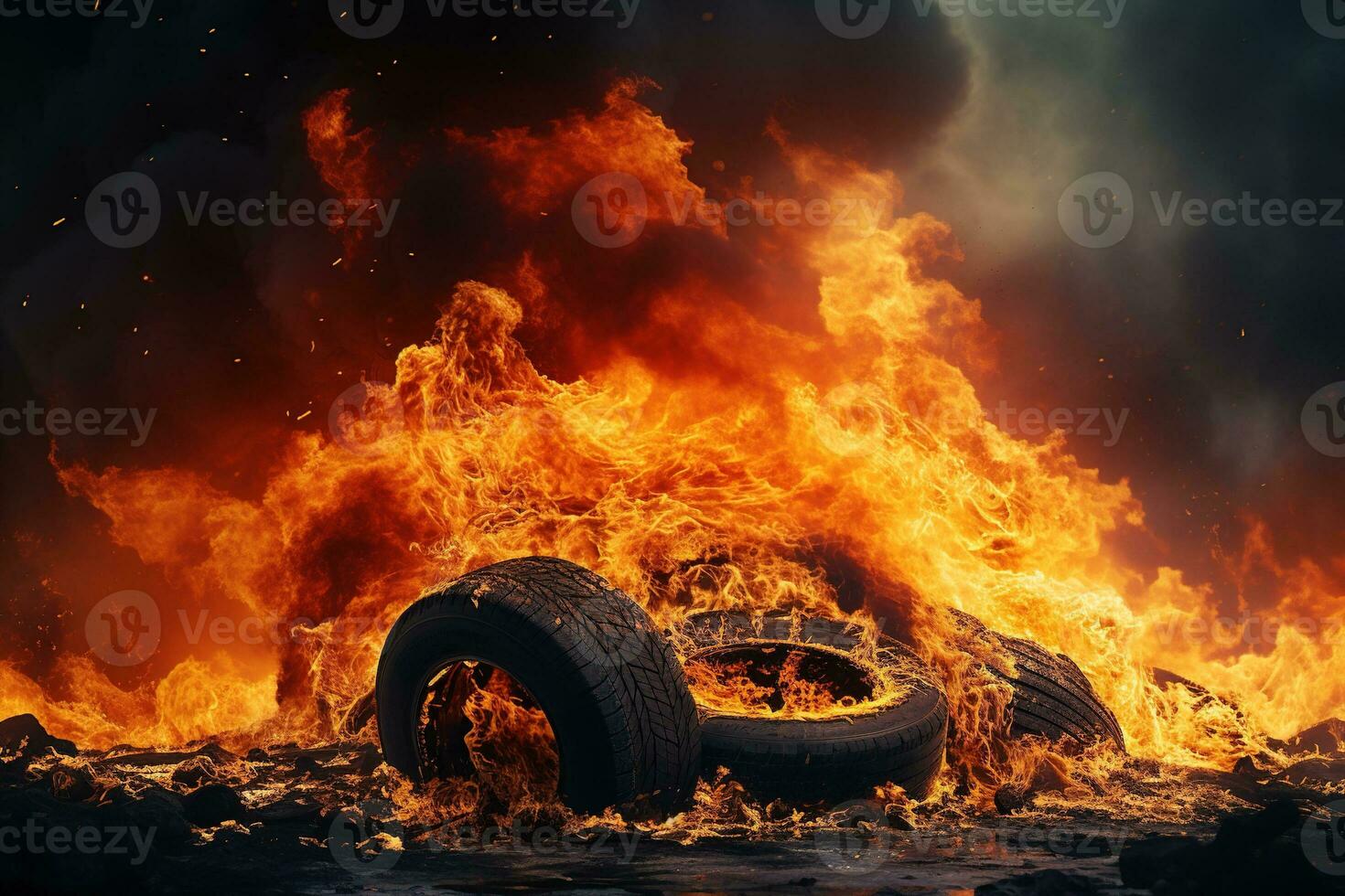 AI generated burning old used tires with dark smoke photo