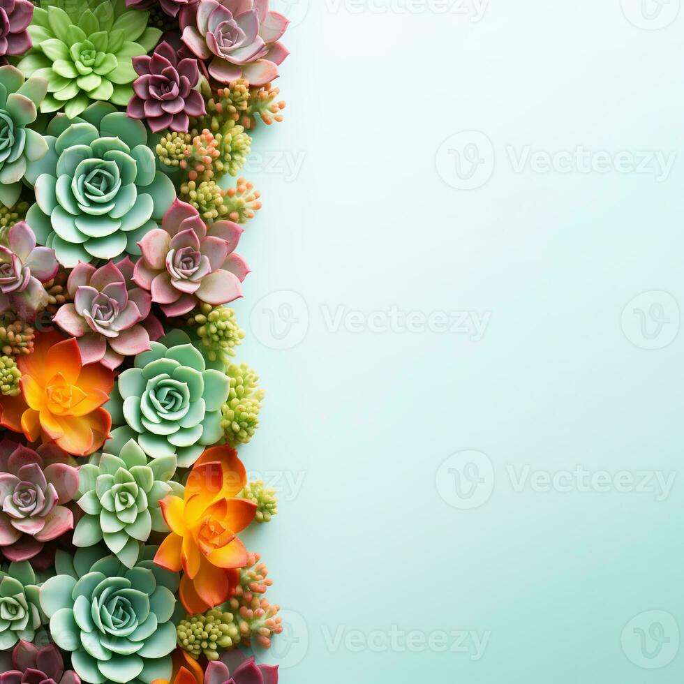 ai generado vertical imagen de multicolor suculento marco en azul antecedentes parte superior vista, hermosa floral modelo con Copiar espacio foto