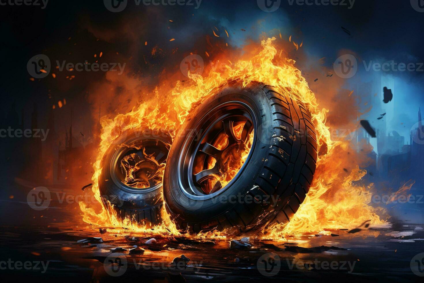 AI generated closeup burning old used tires photo