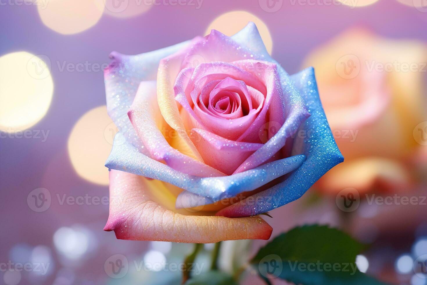 AI generated closeup of a beautiful pastel pink and blue rose on blurred bokeh background photo