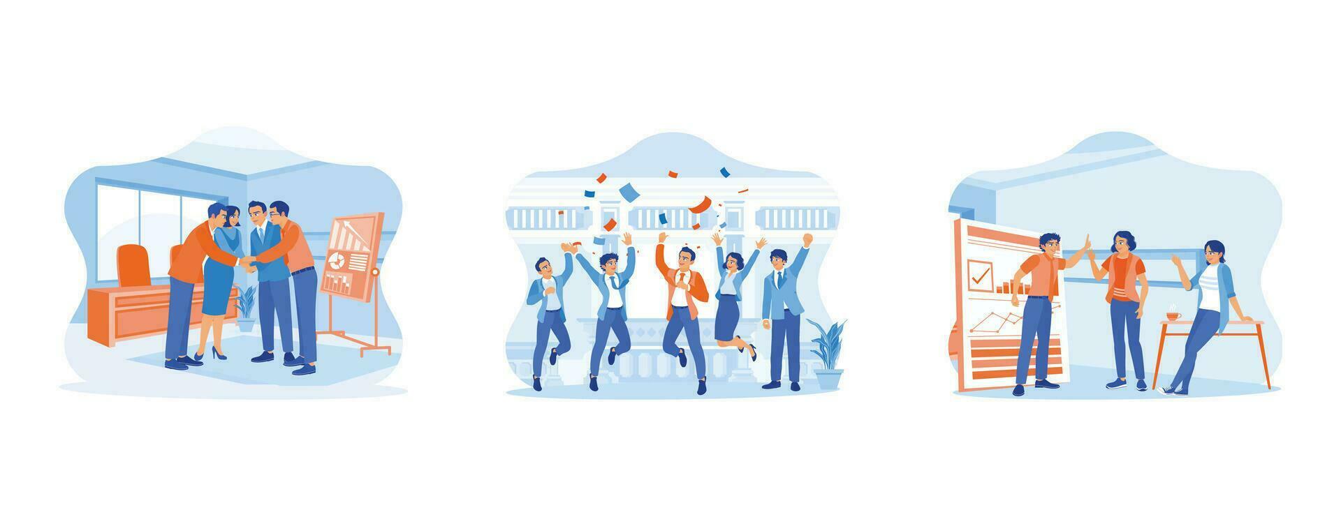 Celebrating concept. Business team standing and laying hands on each other. Marketing team celebrates business win. Happy young businessman standing near whiteboard. vector