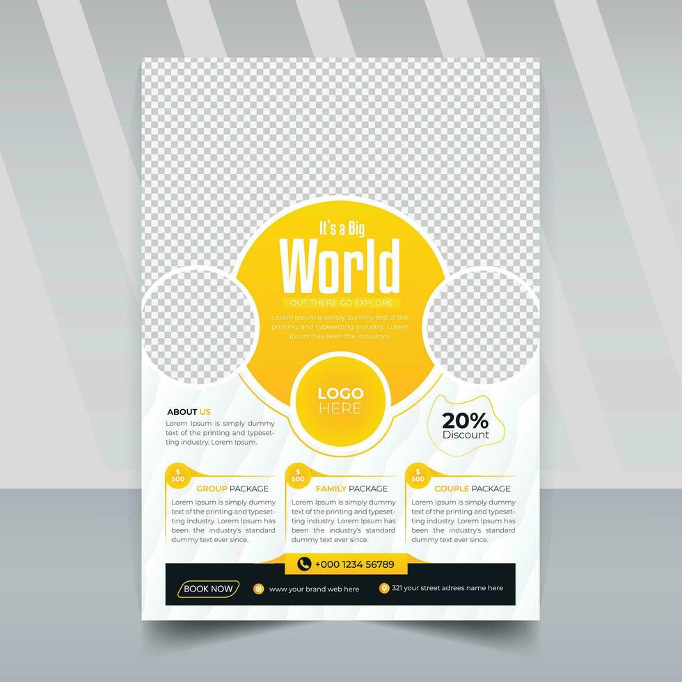 travel flyer design template, Modern Vacation Tour Agency Flyer or poster design, tourism yellow color a4 print ready leaflet template vector
