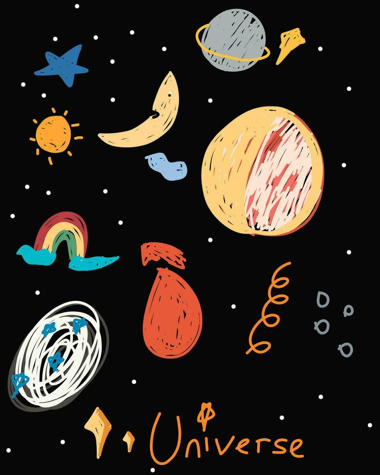 children drawing outer space, planets, stars, galaxies vector