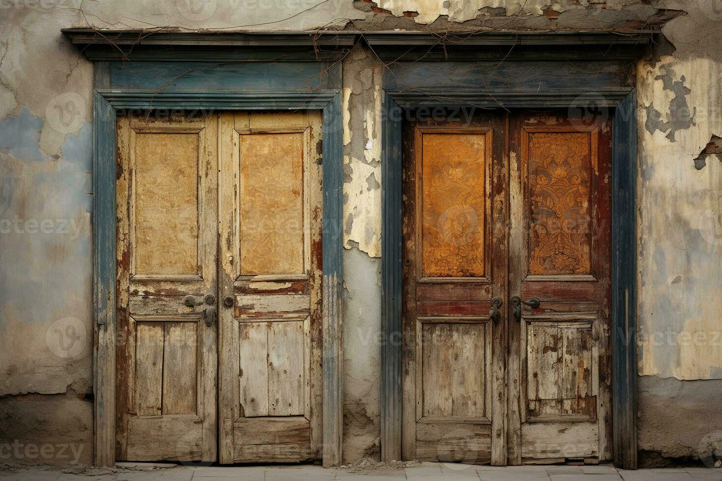 AI generated two old shabby wooden doors on a cracked wall photo