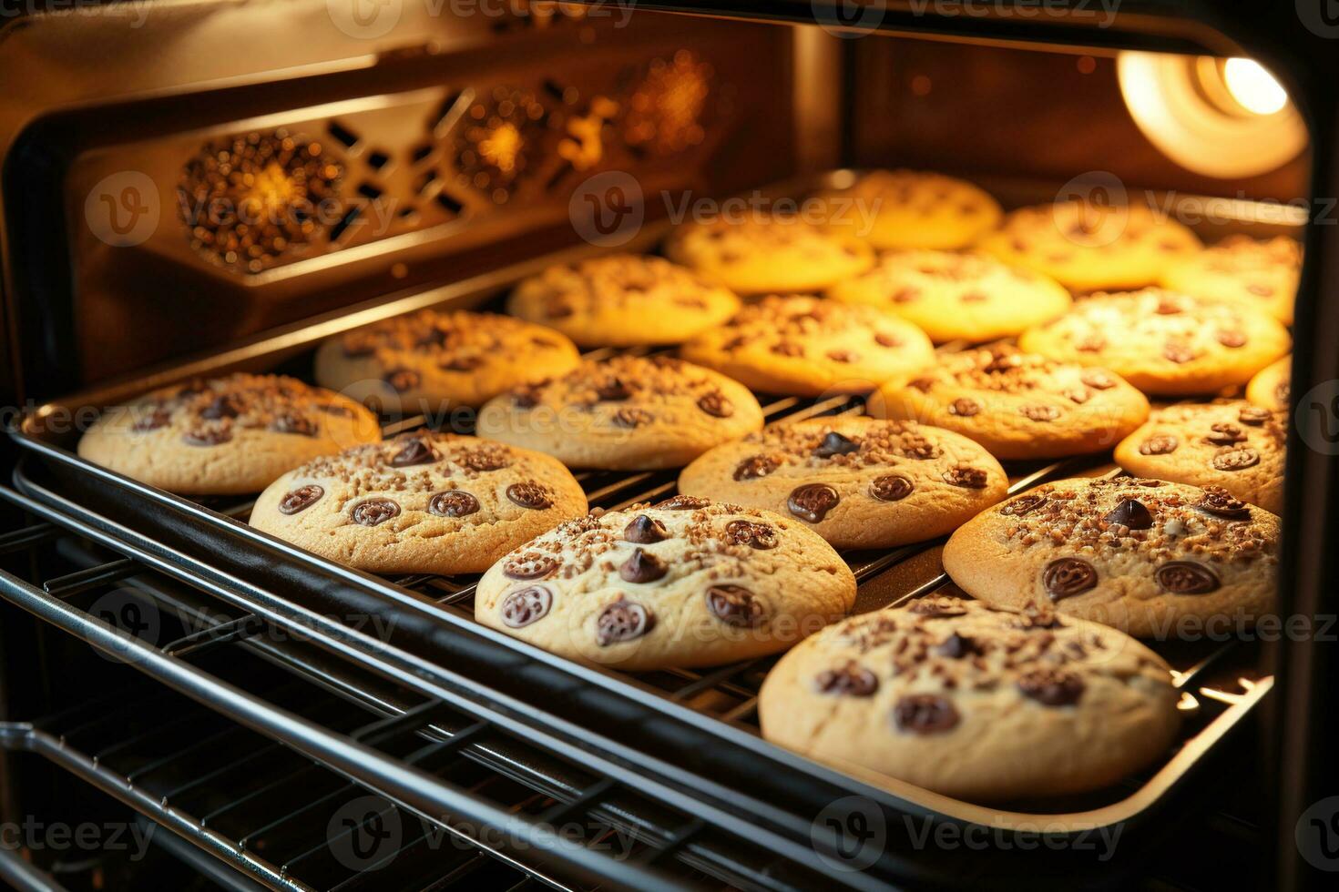 ai generado sabroso hecho en casa galletas con chocolate chip horneando en el horno foto