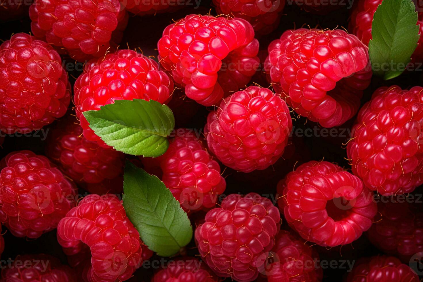 AI generated closeup texture of sweet tasty raspberries with leaves, natural berry background photo