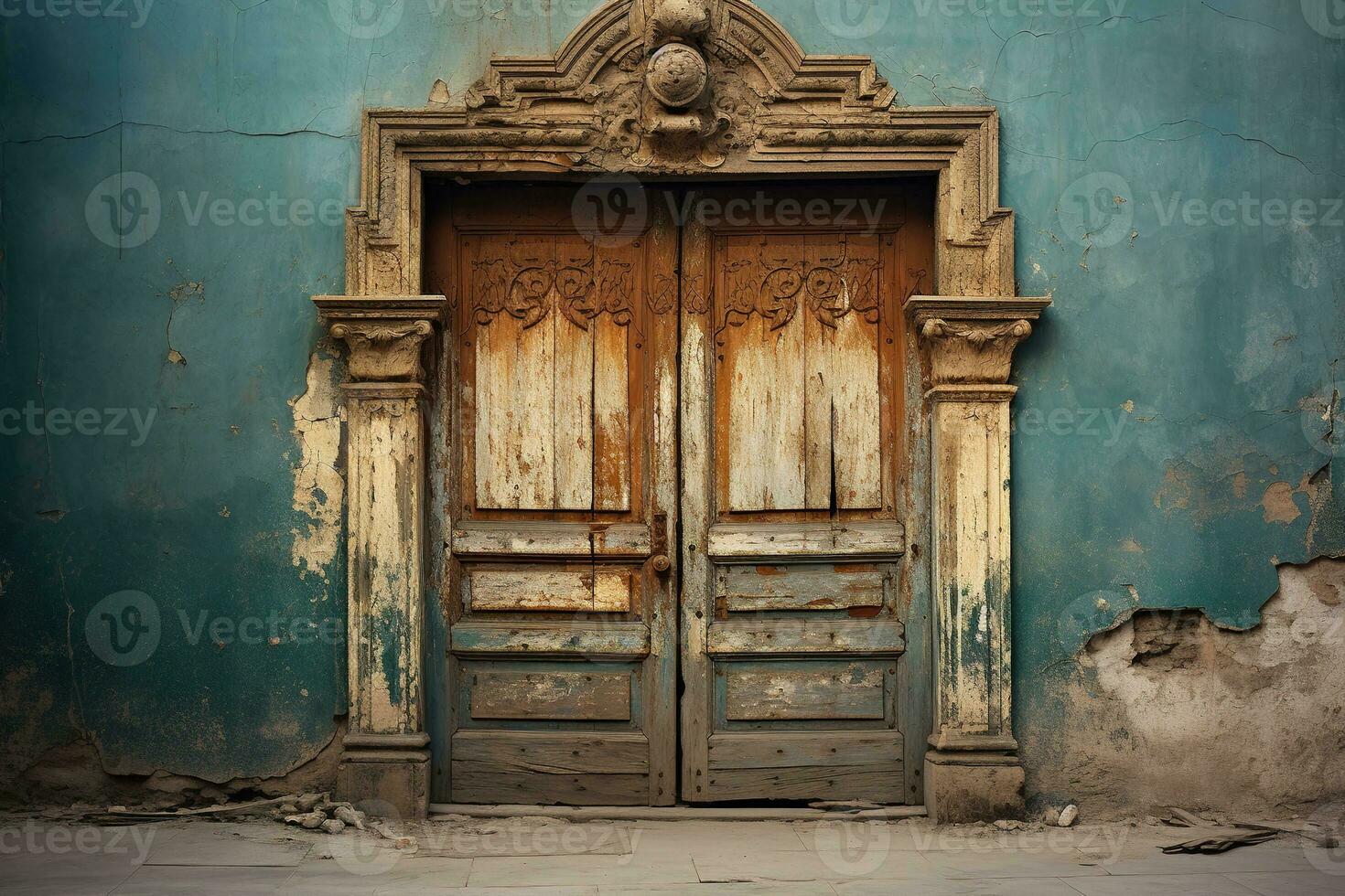 ai generado antiguo desgastado de madera puerta en un agrietado azul pared foto