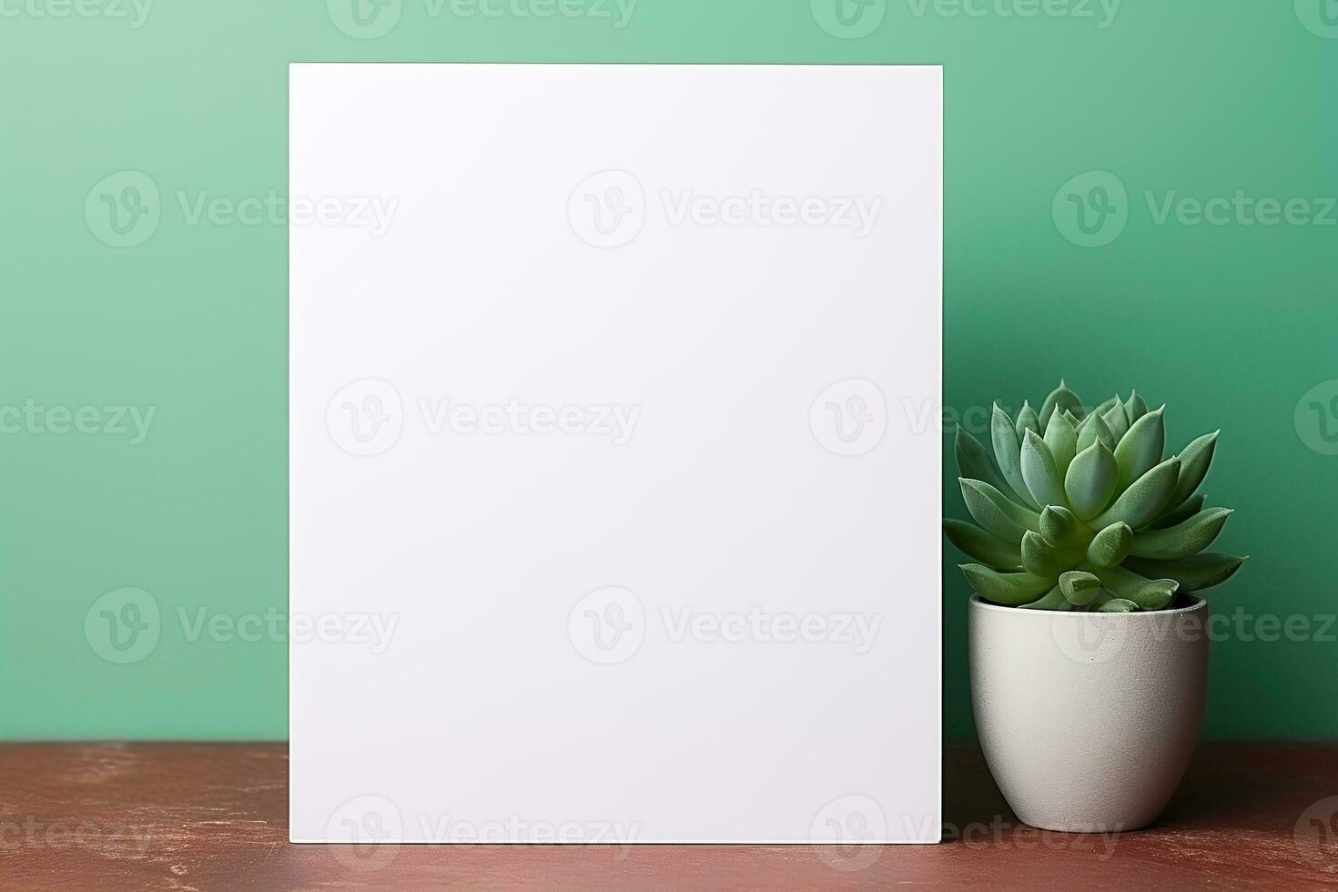 AI generated mockup white blank paper sheet with succulent on green background, template empty card for design with copy space photo