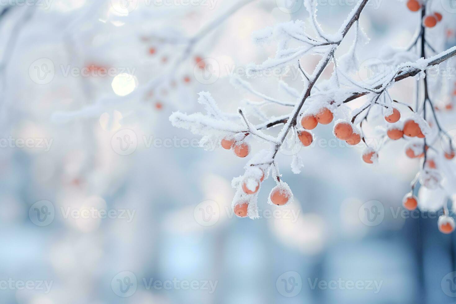 AI generated Tree branches with orange berries covered with snow in winter forest photo