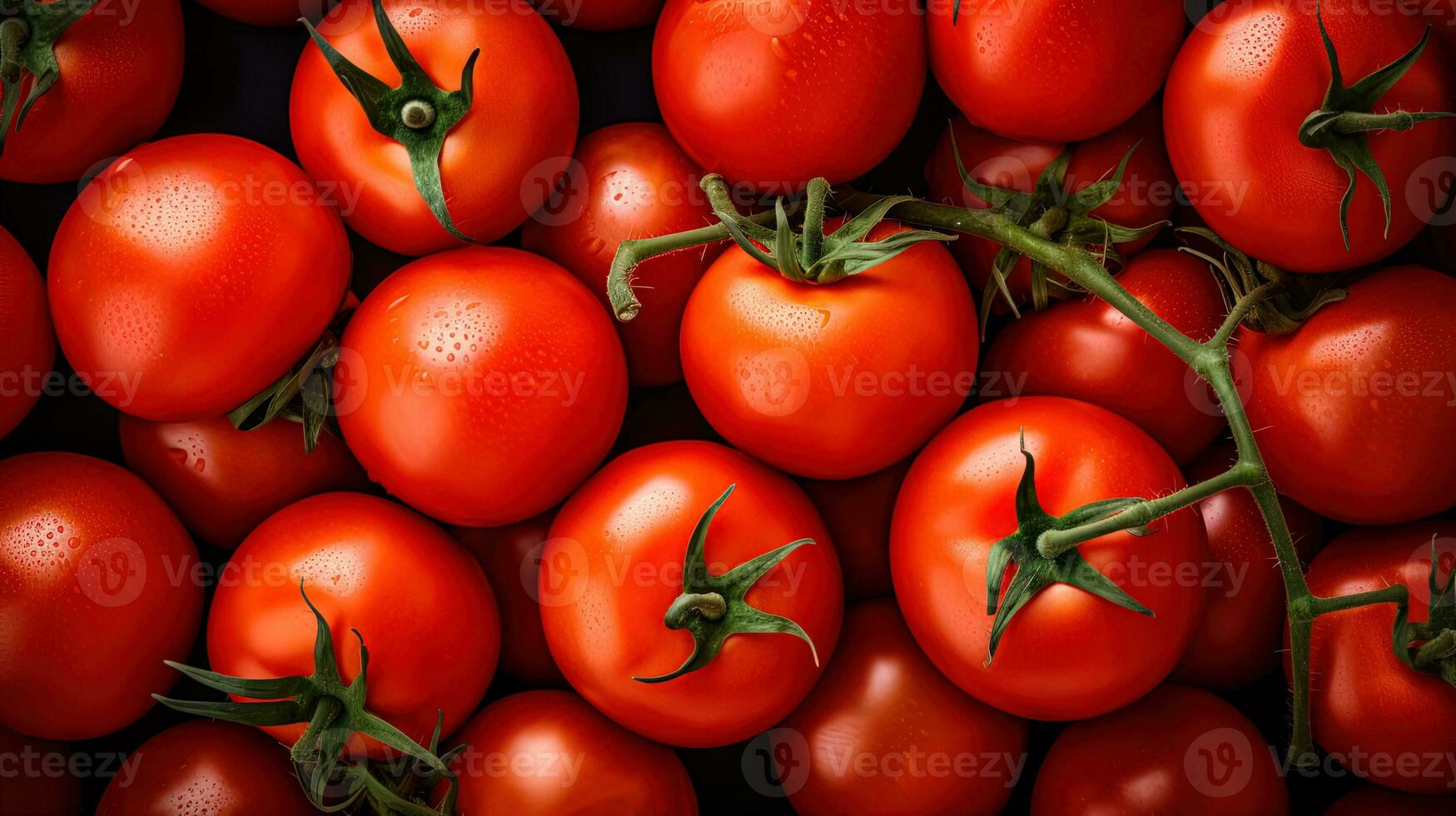 AI generated closeup texture of red ripe organic tomato and branches top view, natural vegetable background photo