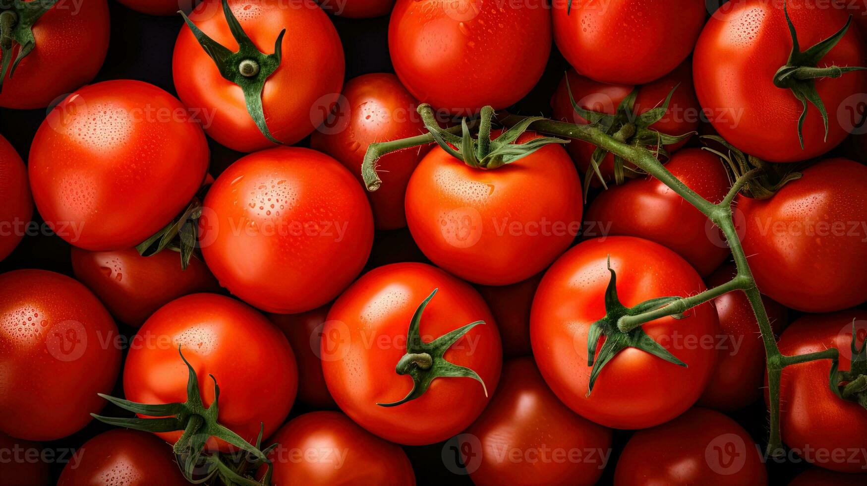 ai generado de cerca textura de rojo maduro orgánico tomate y ramas parte superior vista, natural vegetal antecedentes foto