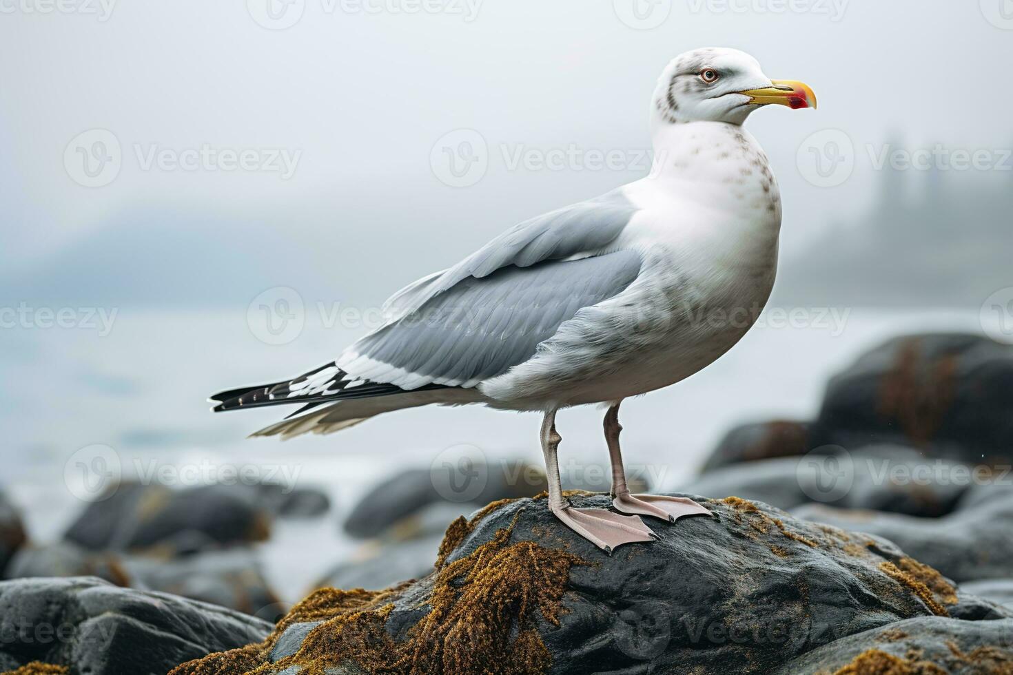 AI generated seagull sitting on rocks at sea shore on a foggy day photo