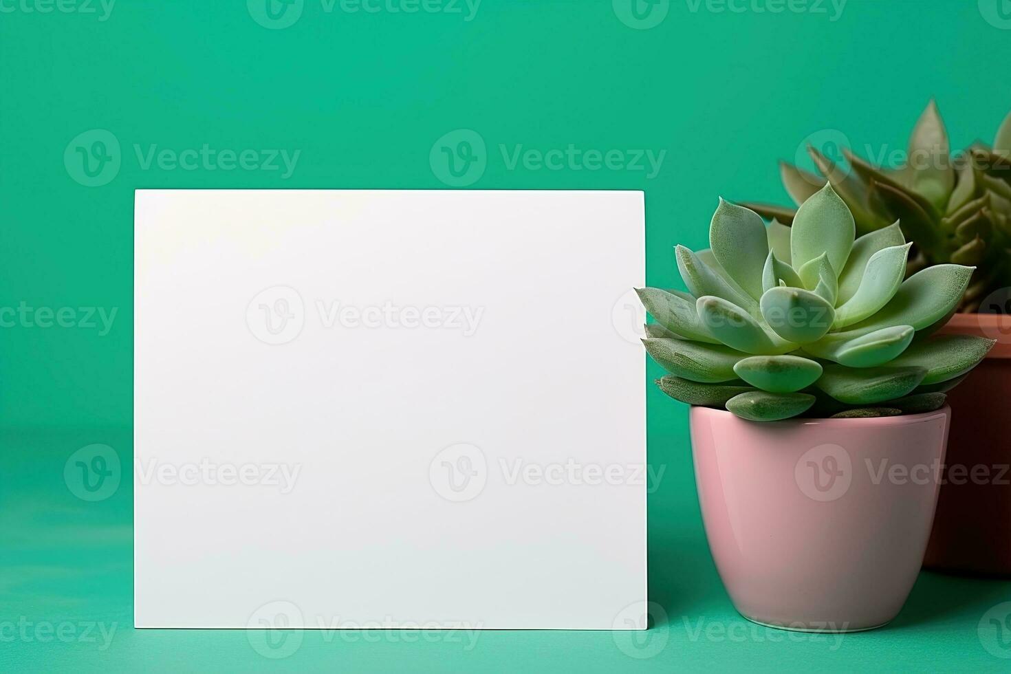 AI generated mockup white blank paper sheet with succulent on green background, template empty card for design with copy space photo