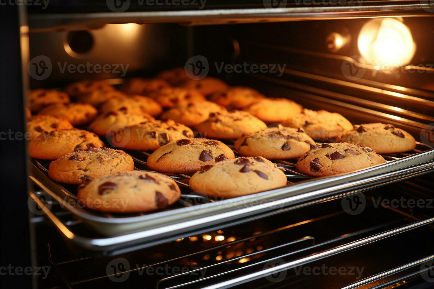 AI generated delicious homemade cookies with chocolate chip baking in the oven photo