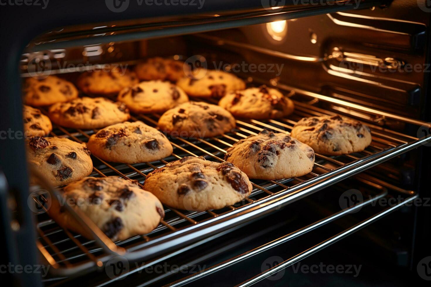 ai generado sabroso hecho en casa galletas con chocolate chip horneando en el horno foto