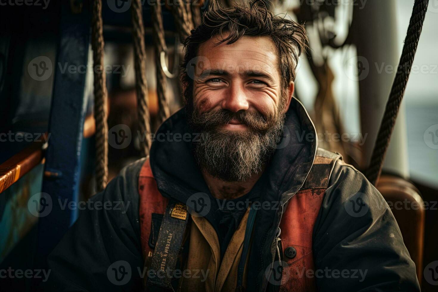 AI generated Happy smiling middle aged sailor fisherman in a on a blurred background of the deck of an old ship photo