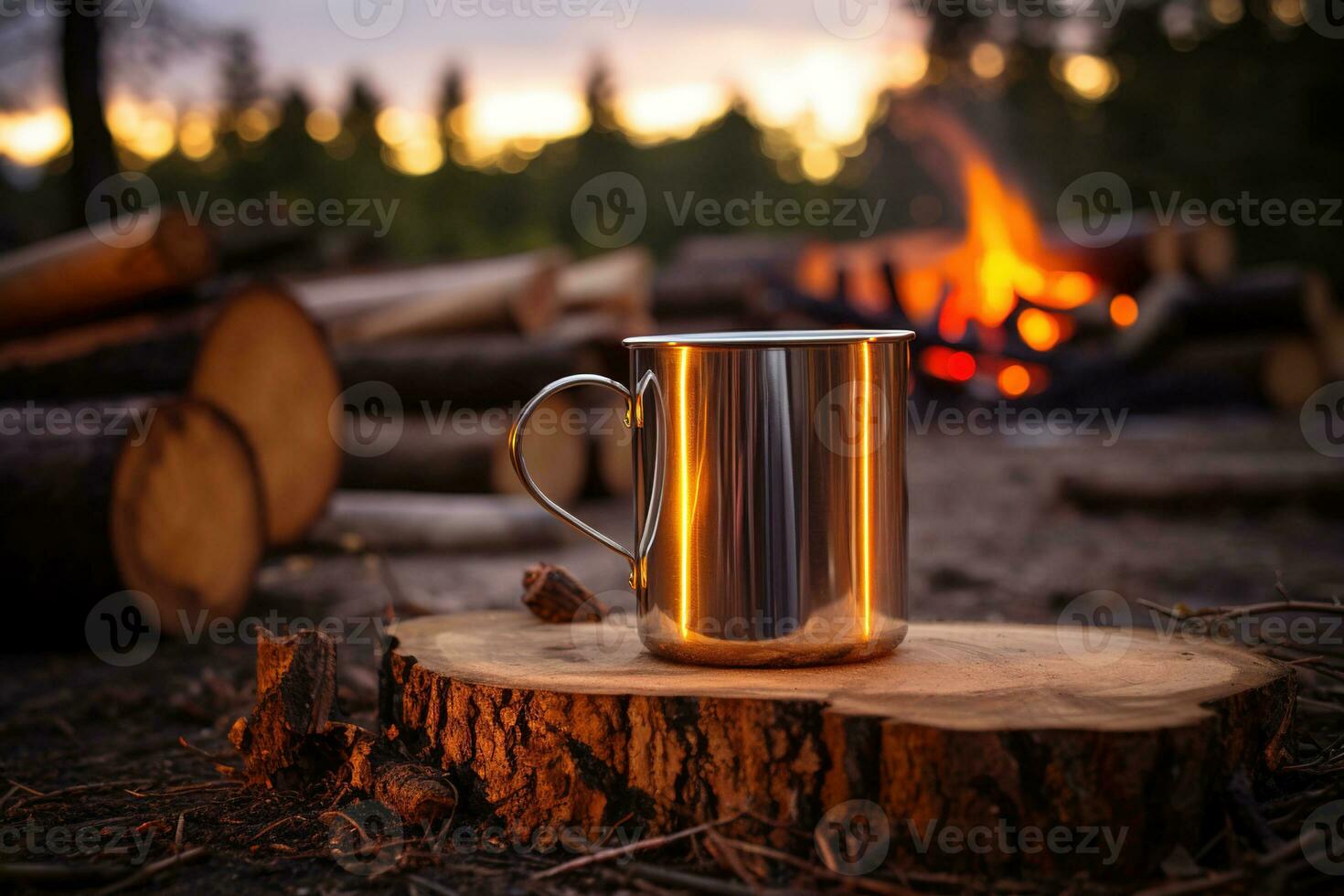 AI generated metal mug on background of a campfire in a camping photo