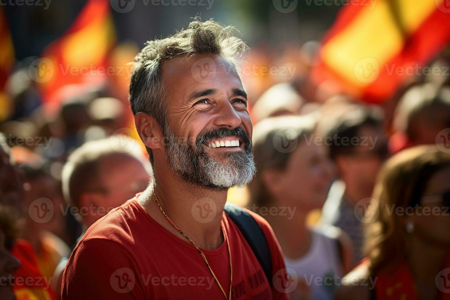 ai generado un Español medio Envejecido hombre a un patriótico demostración debajo Español imperial banderas foto