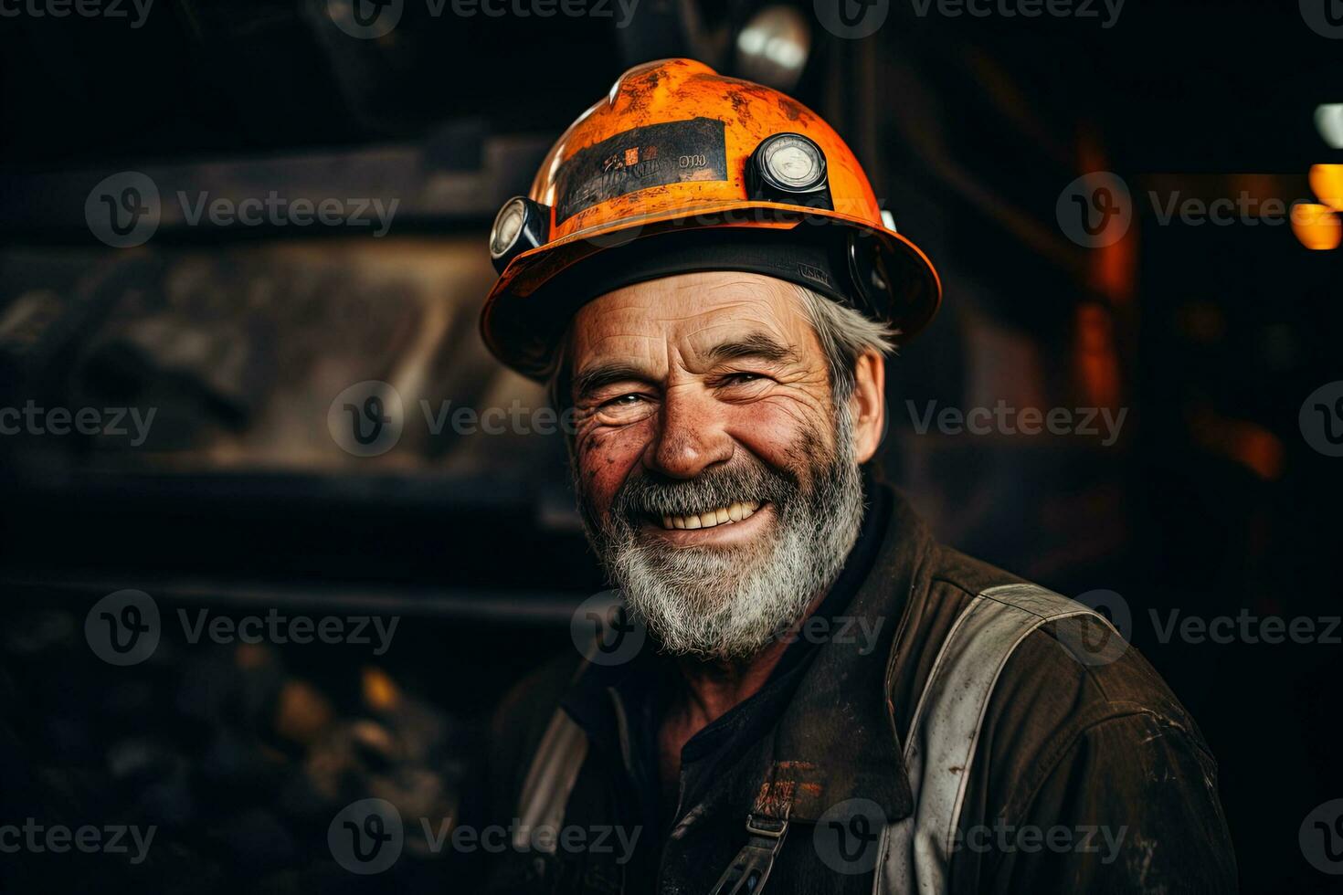 AI generated Portrait of a smiling old gray haired coal mine worker on a blurred background of the work area photo