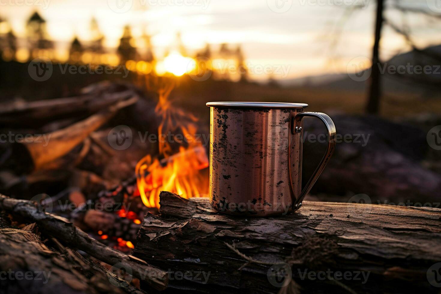 AI generated old metal mug on background of a campfire photo