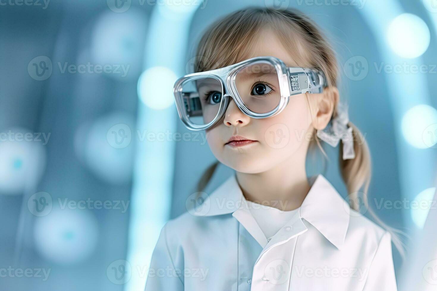 AI generated Young serious blonde girl in a white laboratory coat and safety glasses on a glowing blurred science laboratory background photo