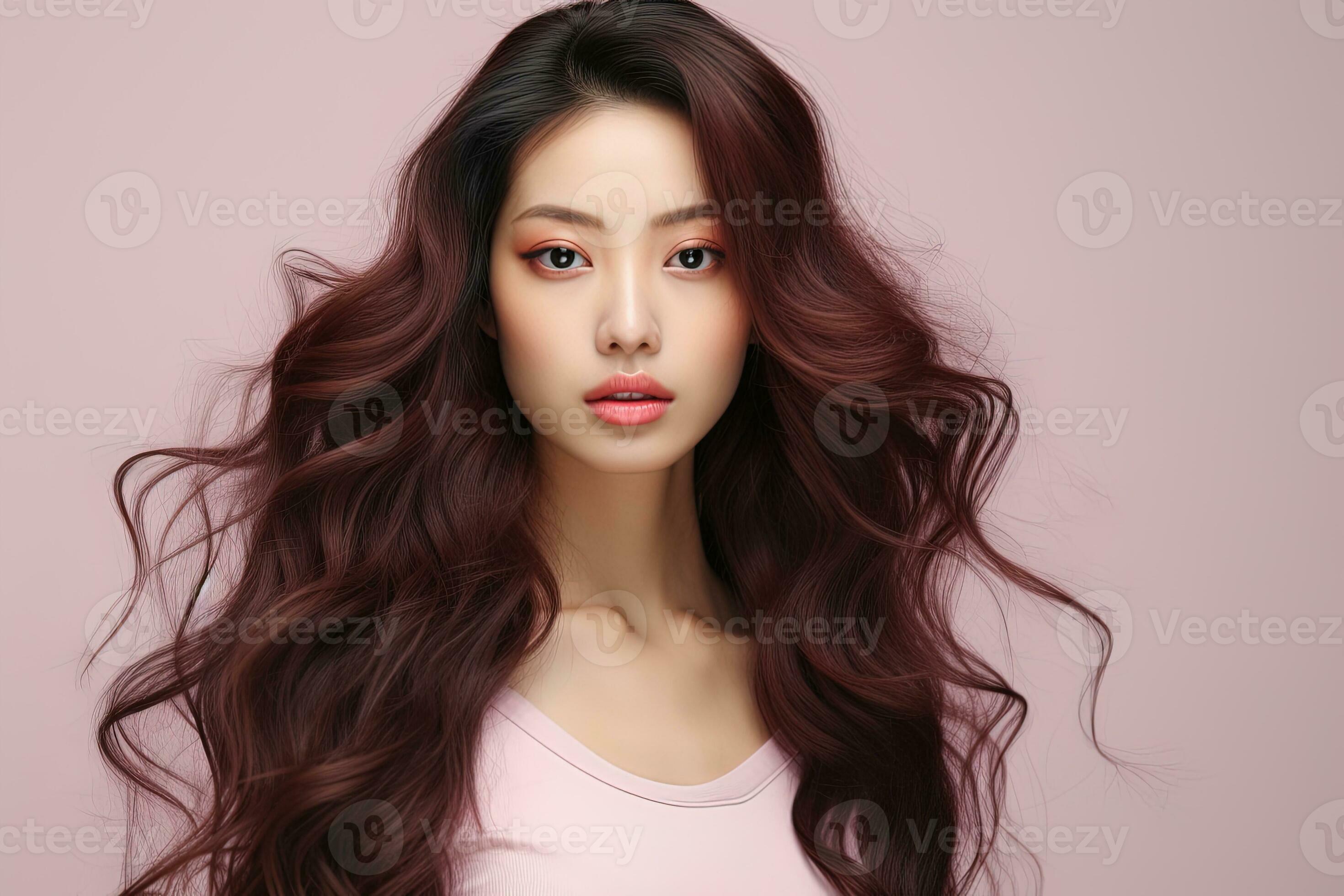 AI generated Portrait of young charming brunette woman with long wavy hair,  Asian teen idol model on light pink background 35601727 Stock Photo at  Vecteezy