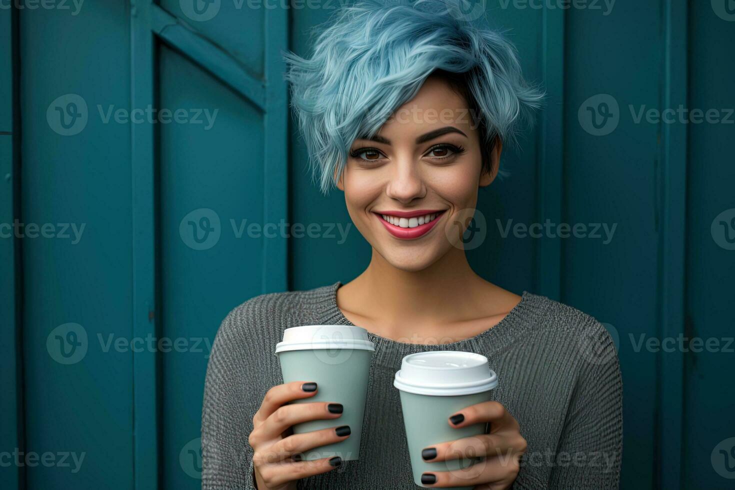 ai generado joven encantador sonriente Hispano mujer con corto azul Corte de pelo participación dos cartulina café tazas foto