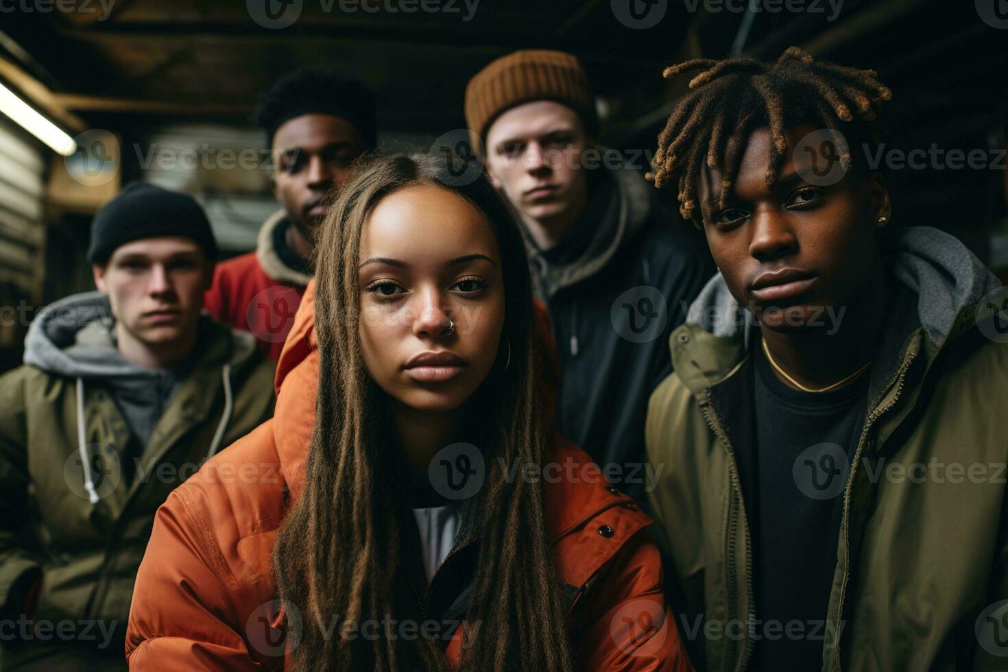 AI generated Portrait of a multiracial group of teenagers relaxing in a dark garage photo