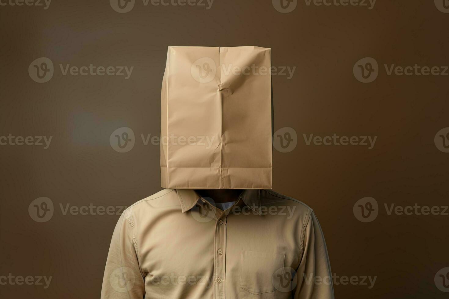 AI generated Portrait of a calm man with a cardboard bag on his head on a dark brown background photo