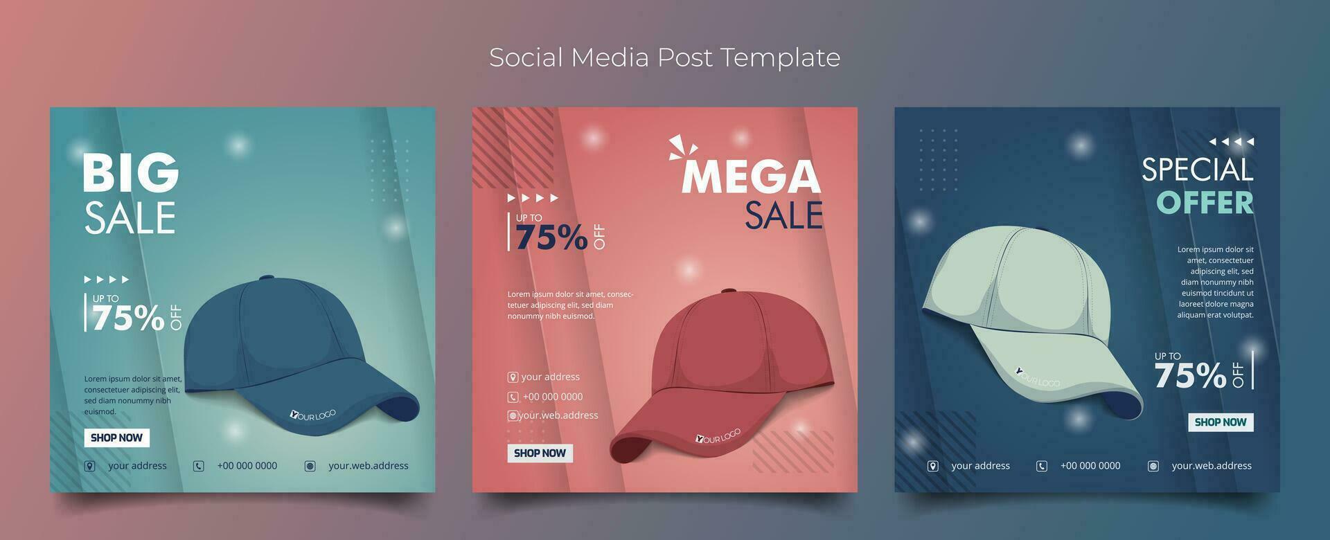 Social media post template with hat in simple geometric background for shop advertising design vector