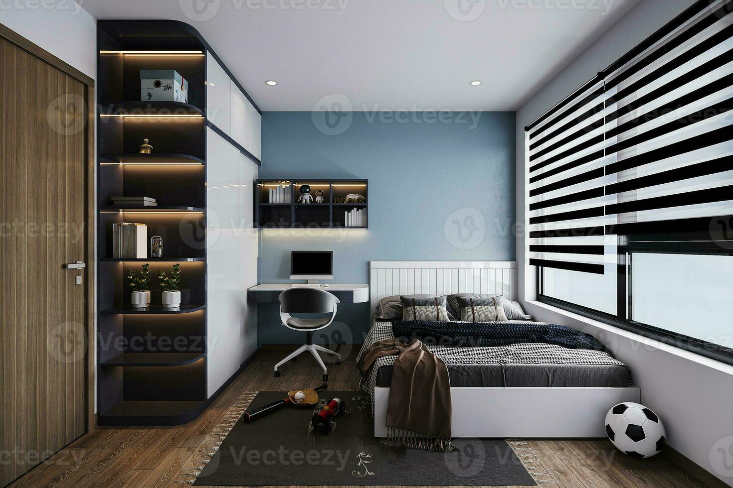 Premium luxury interior of the child room with computer desk. sleeping place. 3d rendering. Mock up wall photo