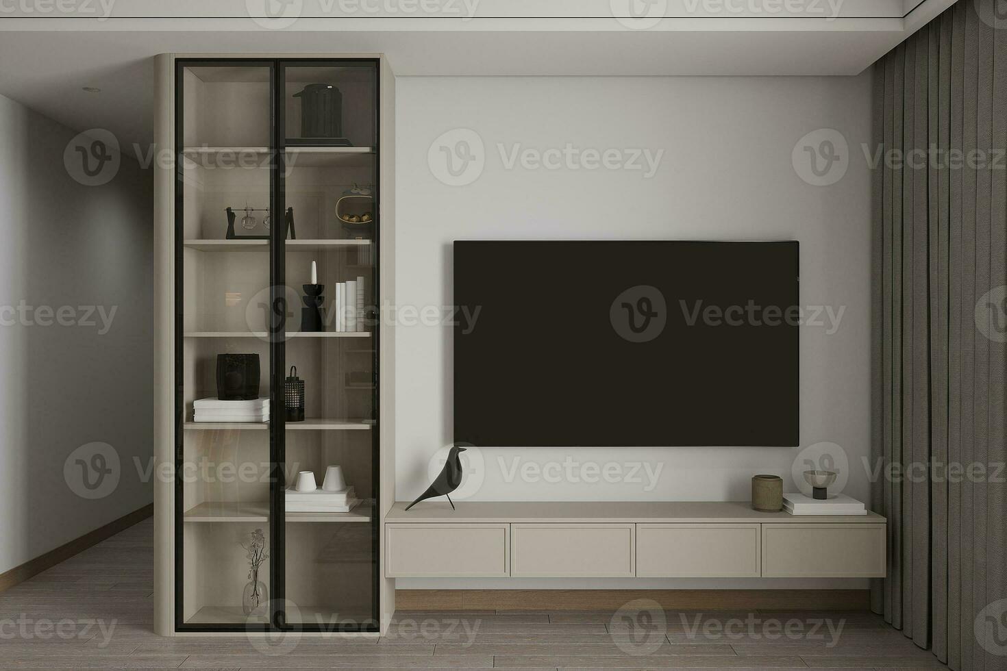 The living room has a minimalist interior with a wall display glass door cabinet beside the TV. photo