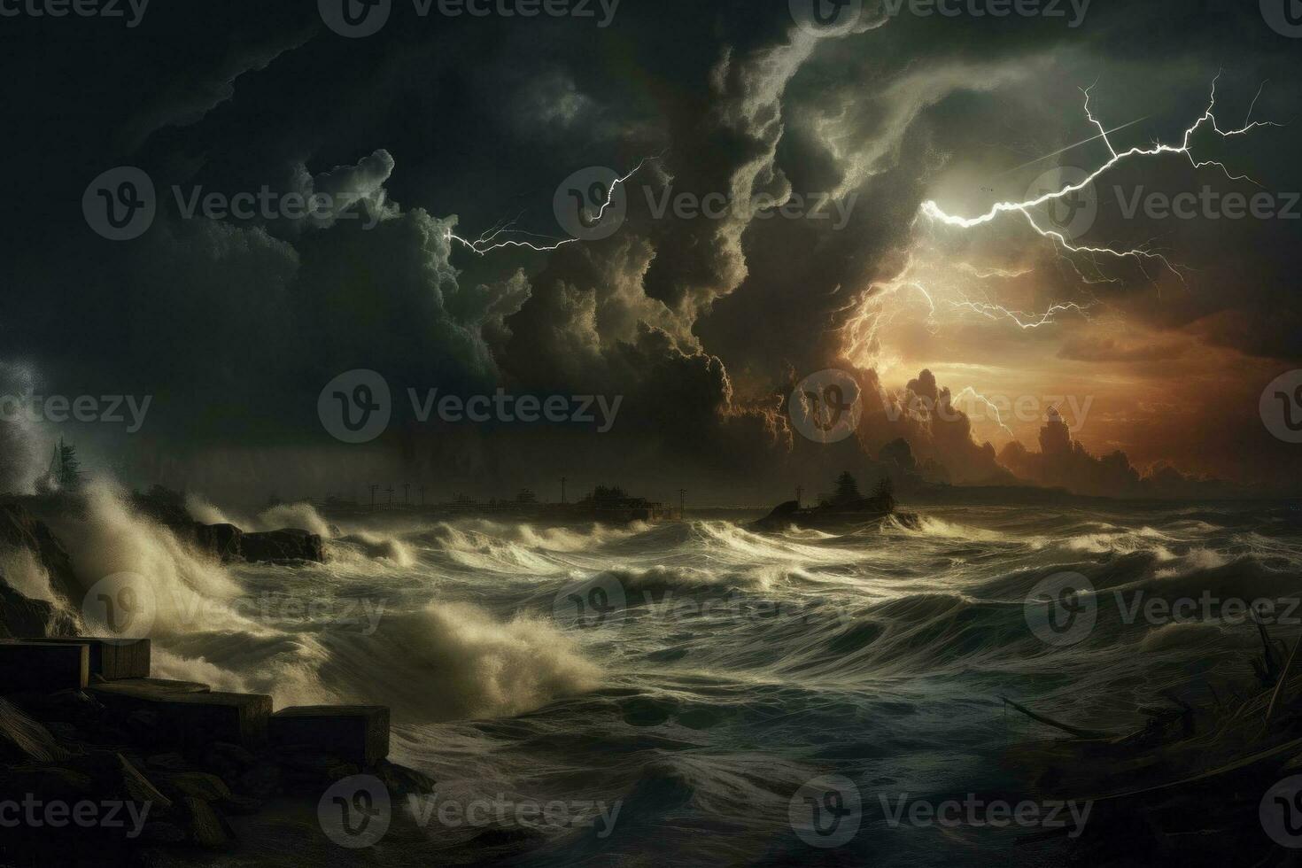 AI Generated drama of a thunderstorm and storm along coast, this photo showcases the intense power of nature with dramatic weather