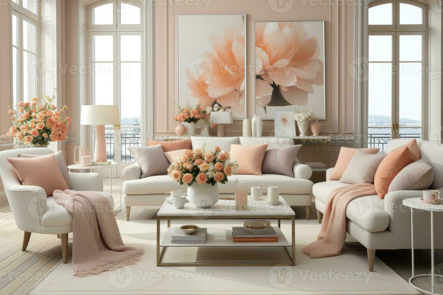 AI Generated In this stylish living room, the trendy peach color scheme adds a touch of warmth and fuzz photo