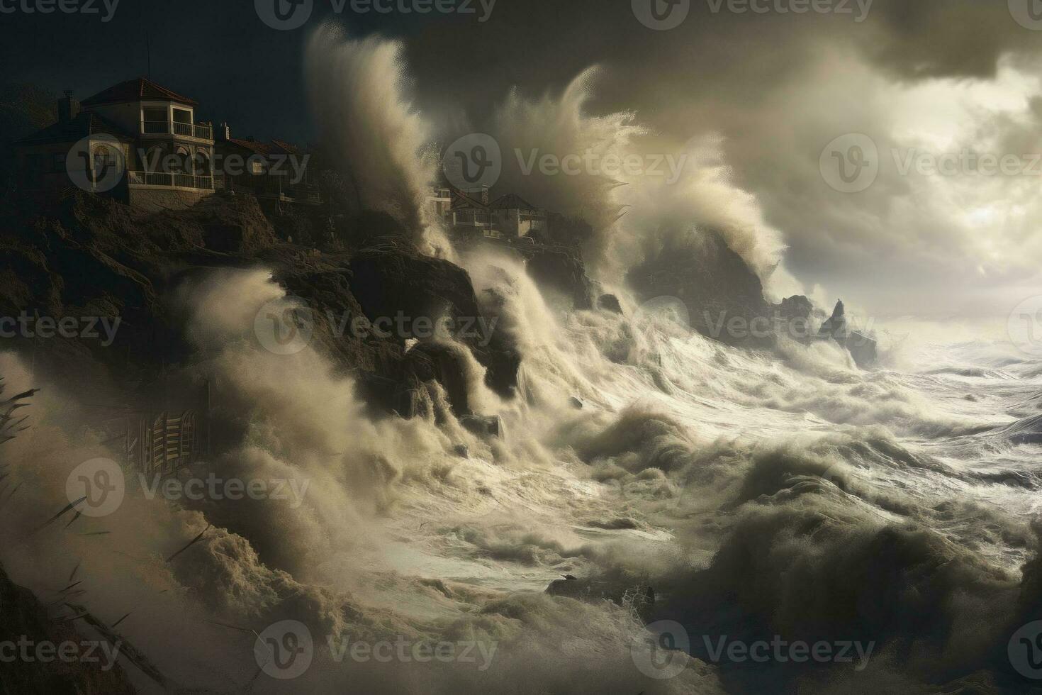 AI Generated drama of a thunderstorm and storm along the coast, power of nature with dramatic weather, turbulent waves photo