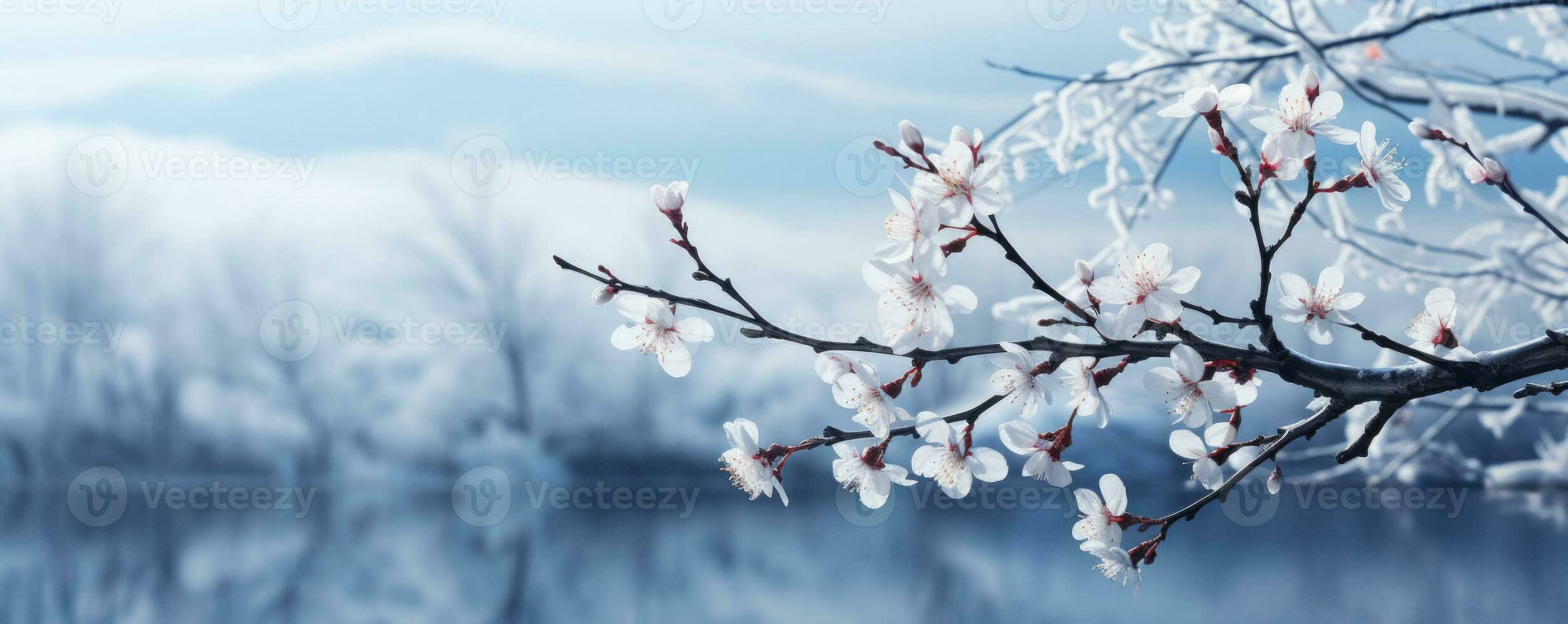 AI Generated A frosty winter background captures beauty of snow-covered branches and flowers photo