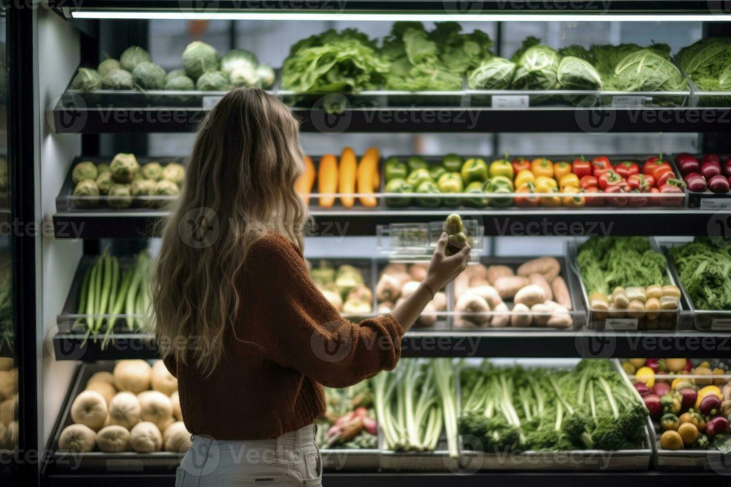 AI Generated A vibrant woman explores the grocery store, perusing a bountiful display case of fresh vegetables and fruits, making her choices for a healthy and colorful shopping experience. photo