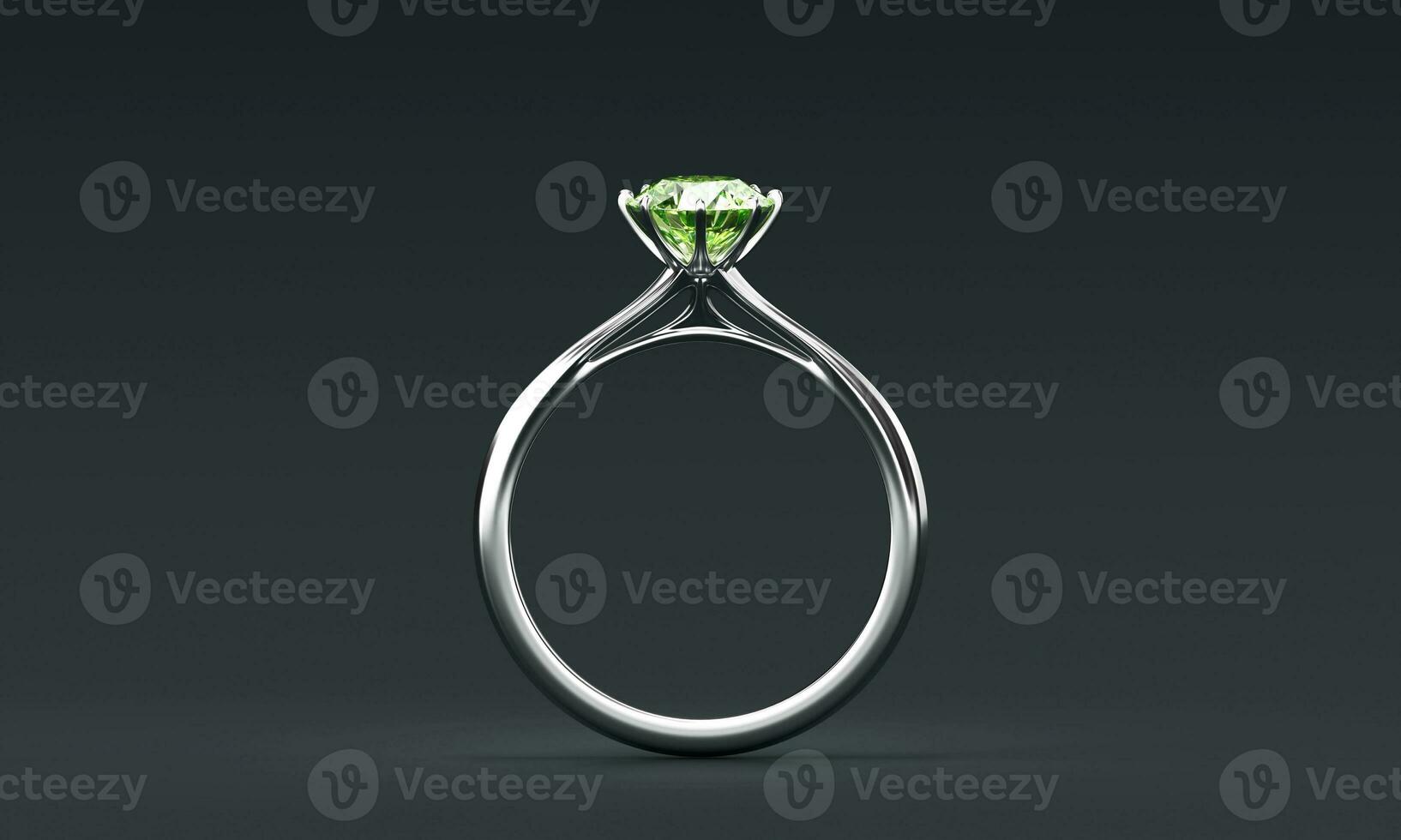 Silver Ring with Green Emerald Diamond Placed on Glossy Background 3D Rendering photo