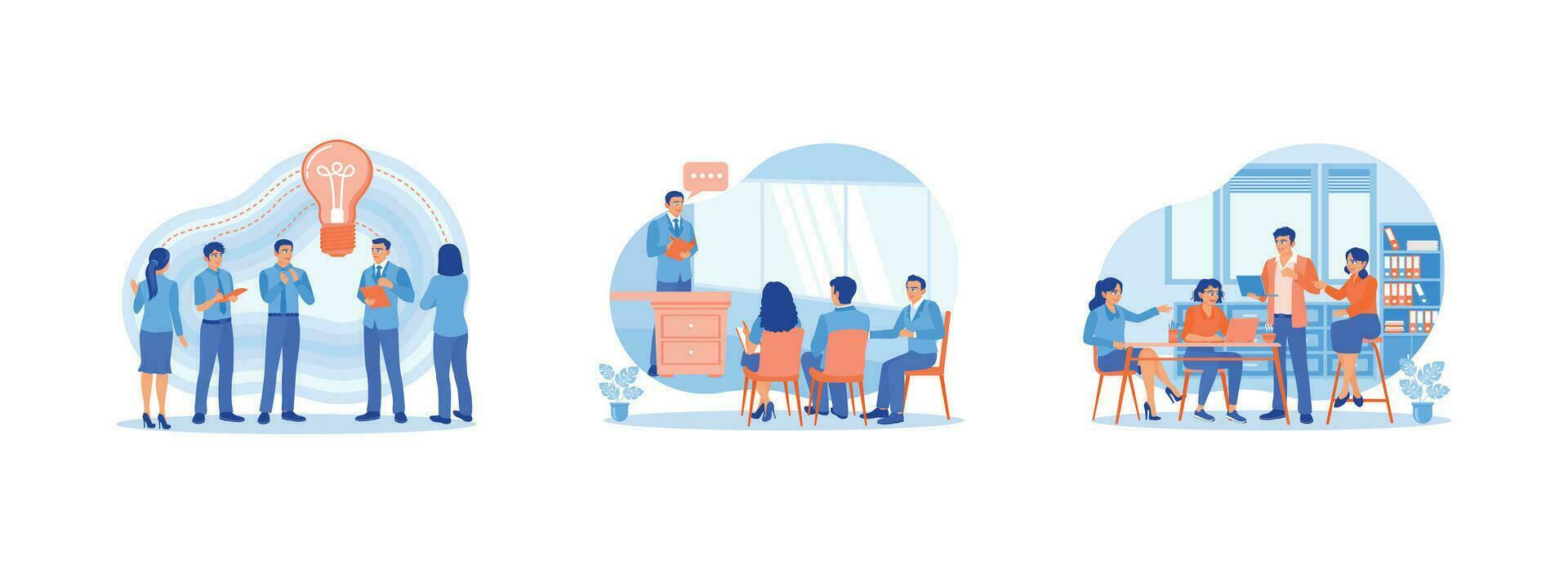 Briefing concept. Exchange opinions. Hold meetings with employees. Discuss financial statistics together. Set Trend Modern vector flat illustration