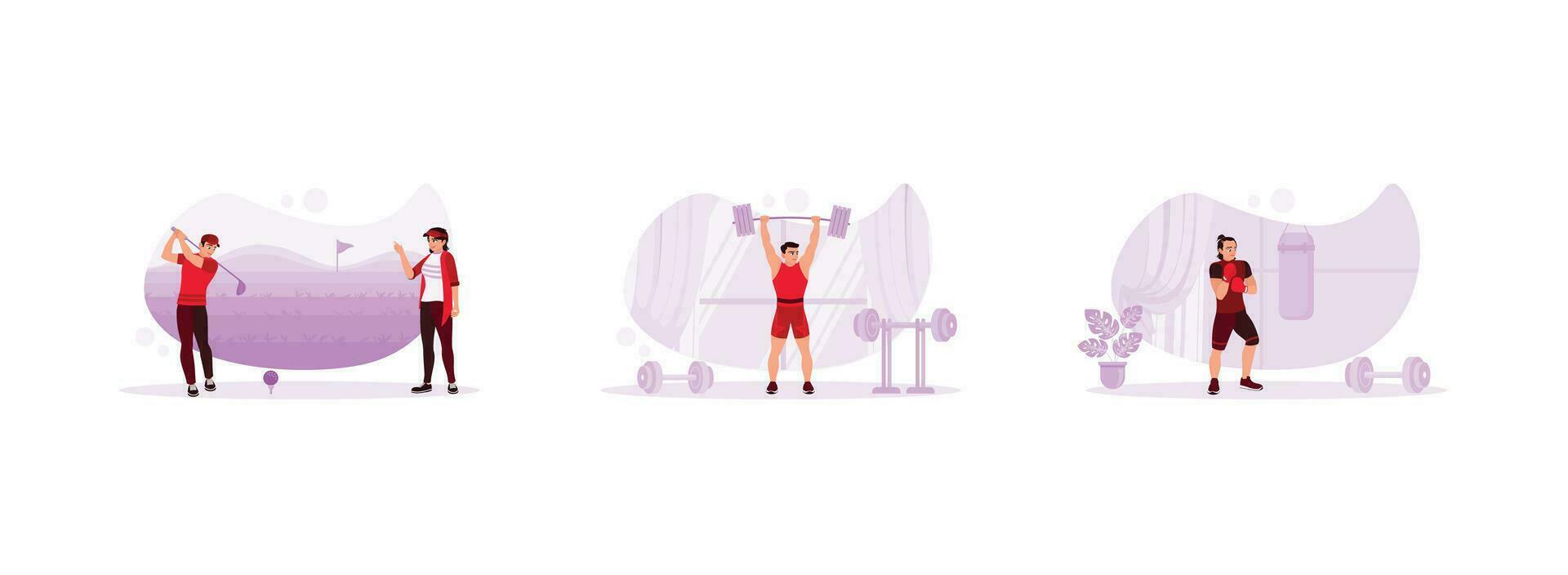 Sports athlete concept. Male and female golfers play golf on the course. Strong and active weightlifter. Professional boxer training in gym room. Set Trend Modern vector flat illustration