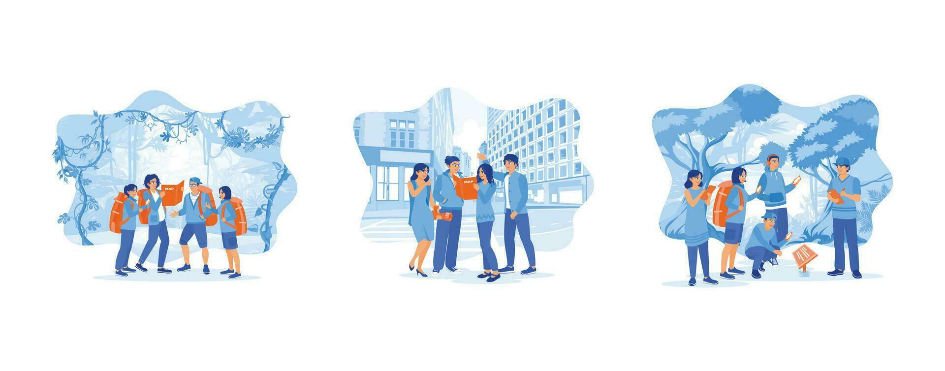 Tourist Guide concept. Four young tourists with backpacks on their backs. A group of friends exploring the city. Young tourist trekking in the jungle. Set Trend Modern vector flat illustration