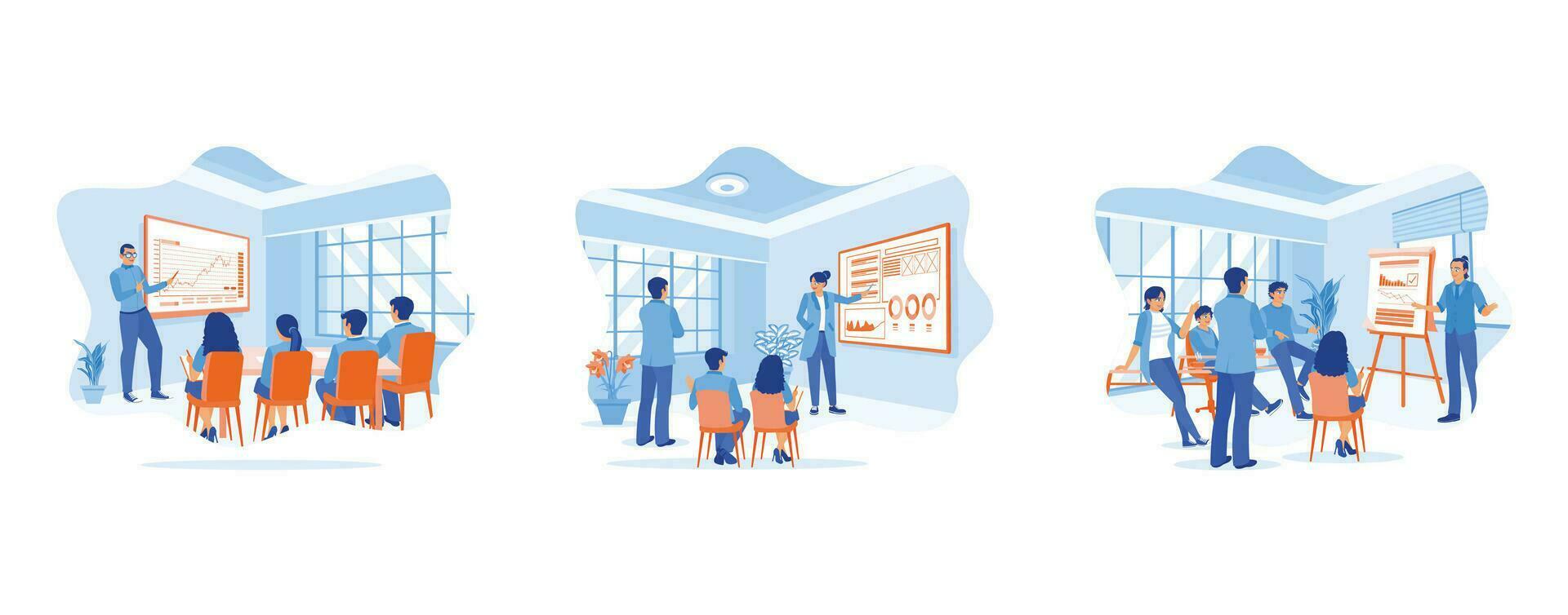 Briefing concept. Businessman giving a briefing to employees. Discuss during the presentation. The leader makes a presentation on a flip chart board. Set Trend Modern vector flat illustration