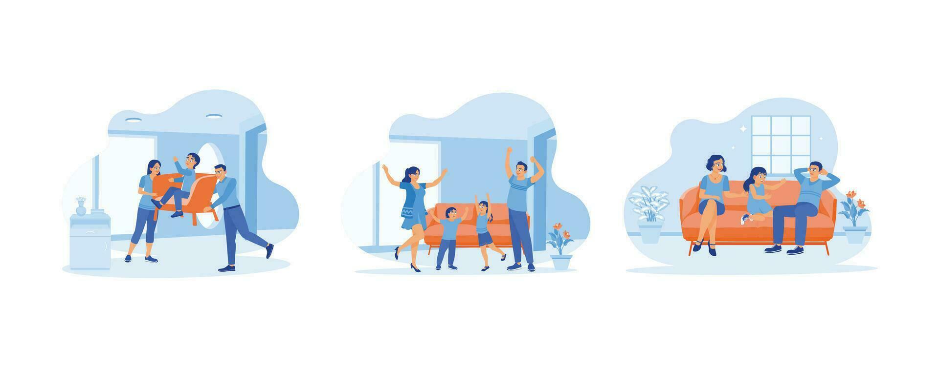 A couple of happy, funny parents concepts. A small family moves to a new house. Happy with mom and dad. Happy little family sitting together. set trend modern vector flat illustration