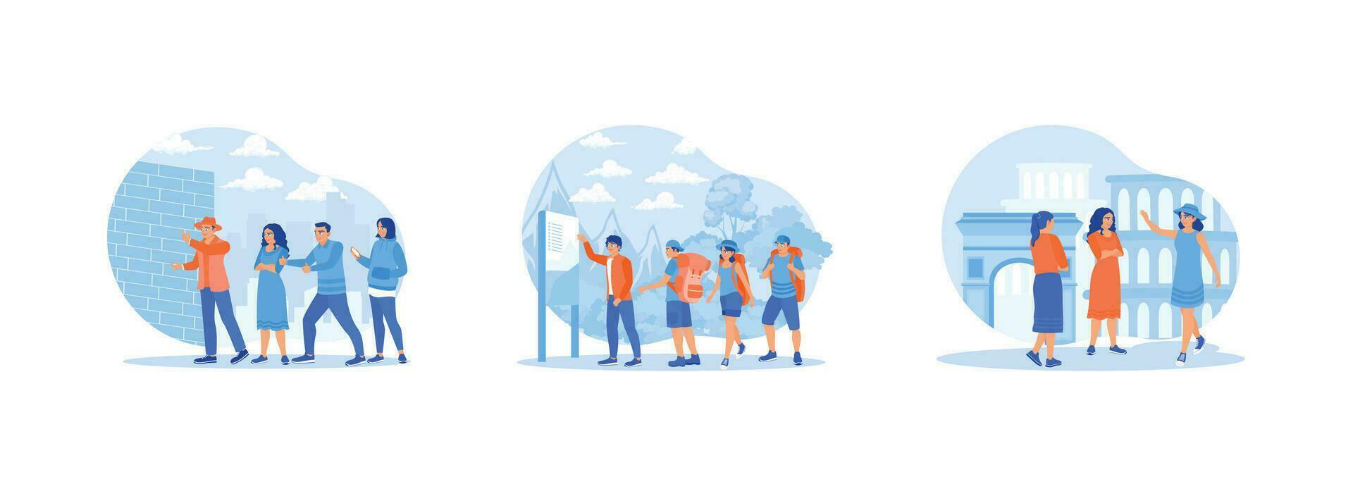 Tourist Guide concept. The tour guide explains the history of a building. Tourists gather around the tour guide. Tourists go on tour. Set Trend Modern vector flat illustration