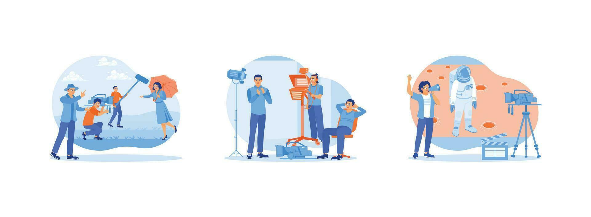 Film Production concept. Behind the scenes of the filmmaking process. Filming process in the studio. The cinematographer shoots scenes on Mars. Set Trend Modern vector flat illustration