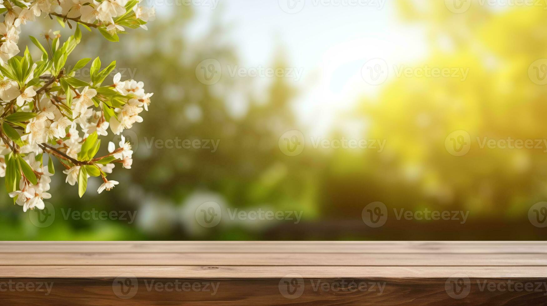 AI generated The empty wooden brown table top With Trees In Blooming And Defocused Sunny Garden In Background photo