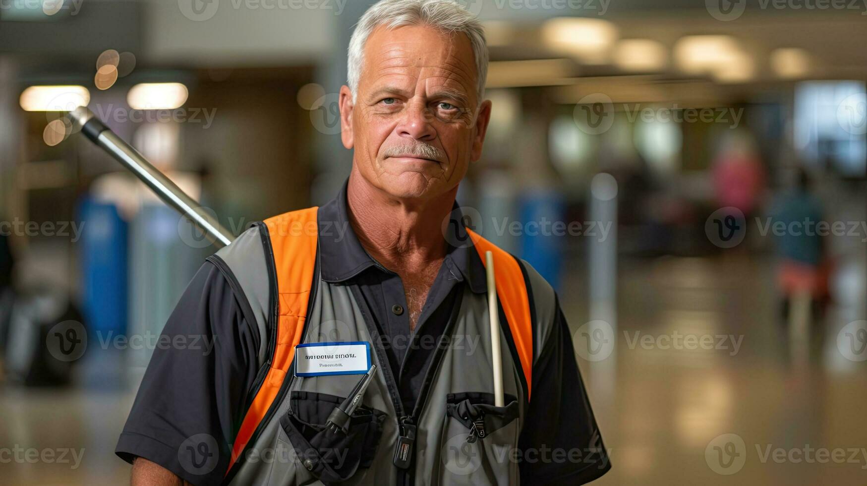 AI generated School Janitor with Cleaning Equipment in Hallway. photo