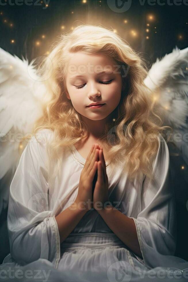 ai generado niño ángel en oración, radiante paz y celestial gracia. foto